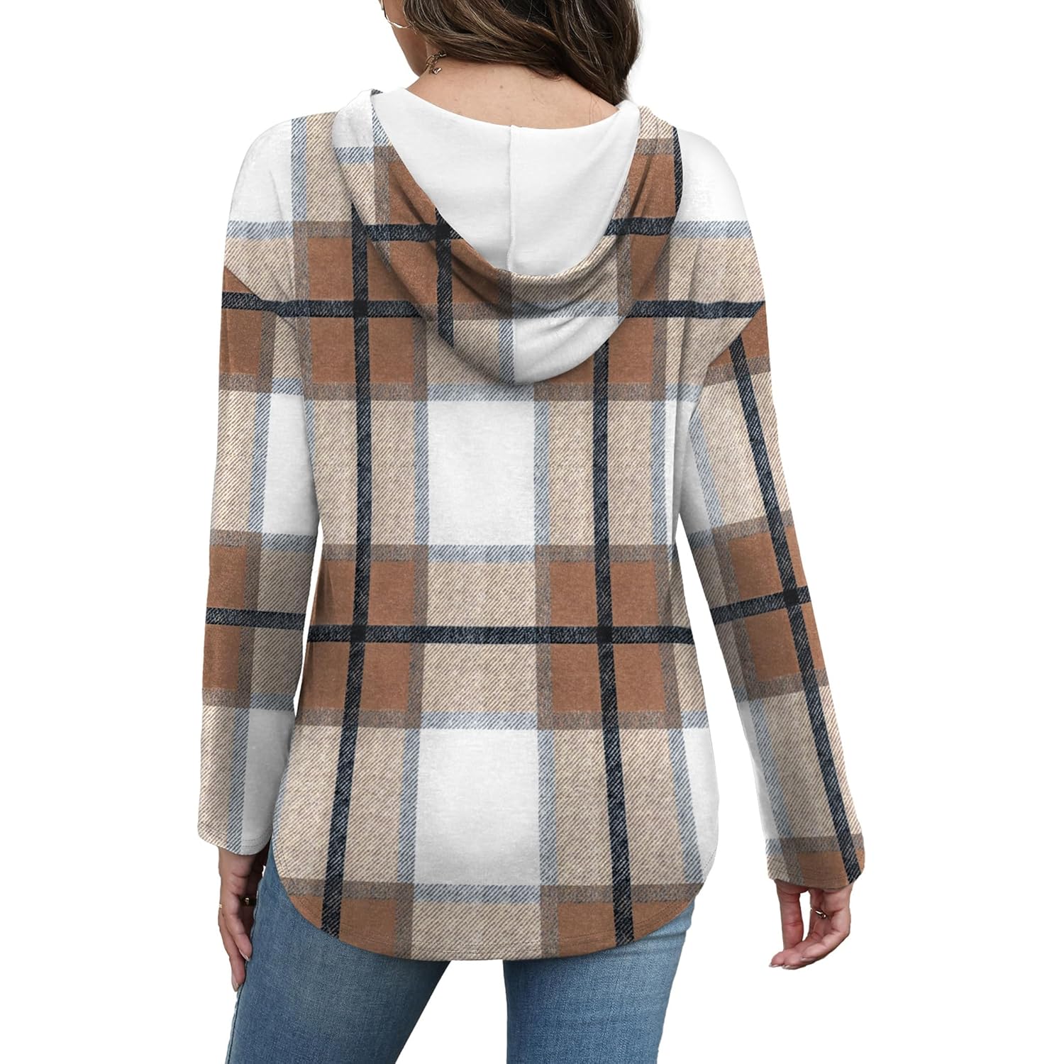 Women’s Plaid Crewneck Hoodie – Casual Long Sleeve Sweatshirt Top