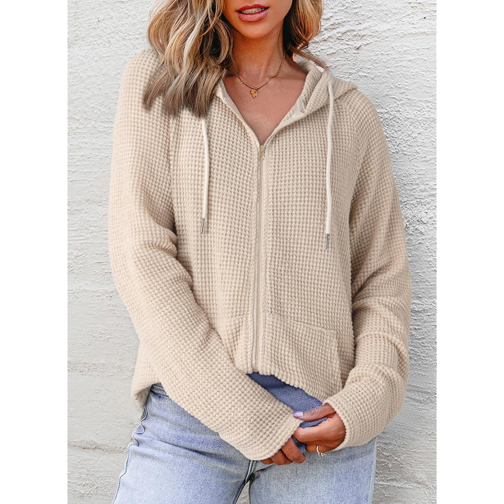 Women’s Waffle Knit Zip-Up Hoodie – Long Sleeve Casual Sweatshirt