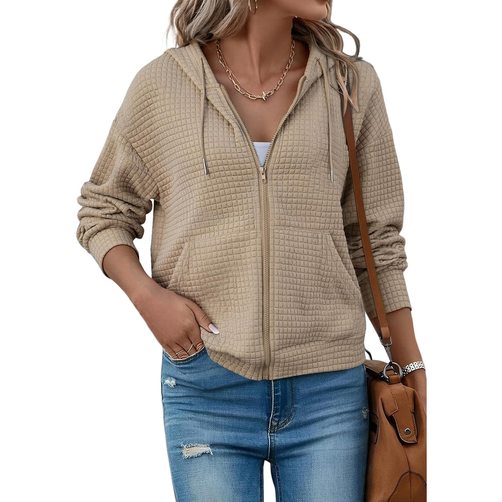 Women’s Oversized Waffle Knit Zip Hoodie – Casual Fall Hooded Jacket