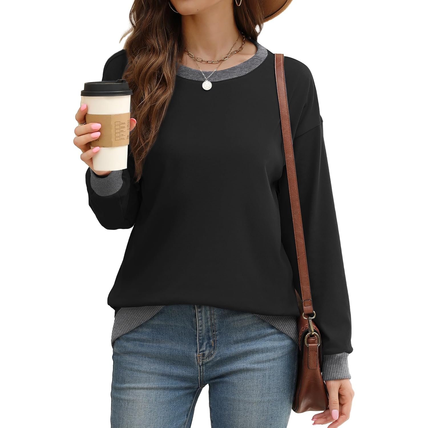 Women’s Color Block Crewneck Sweatshirt – Loose Fit Fashion Top