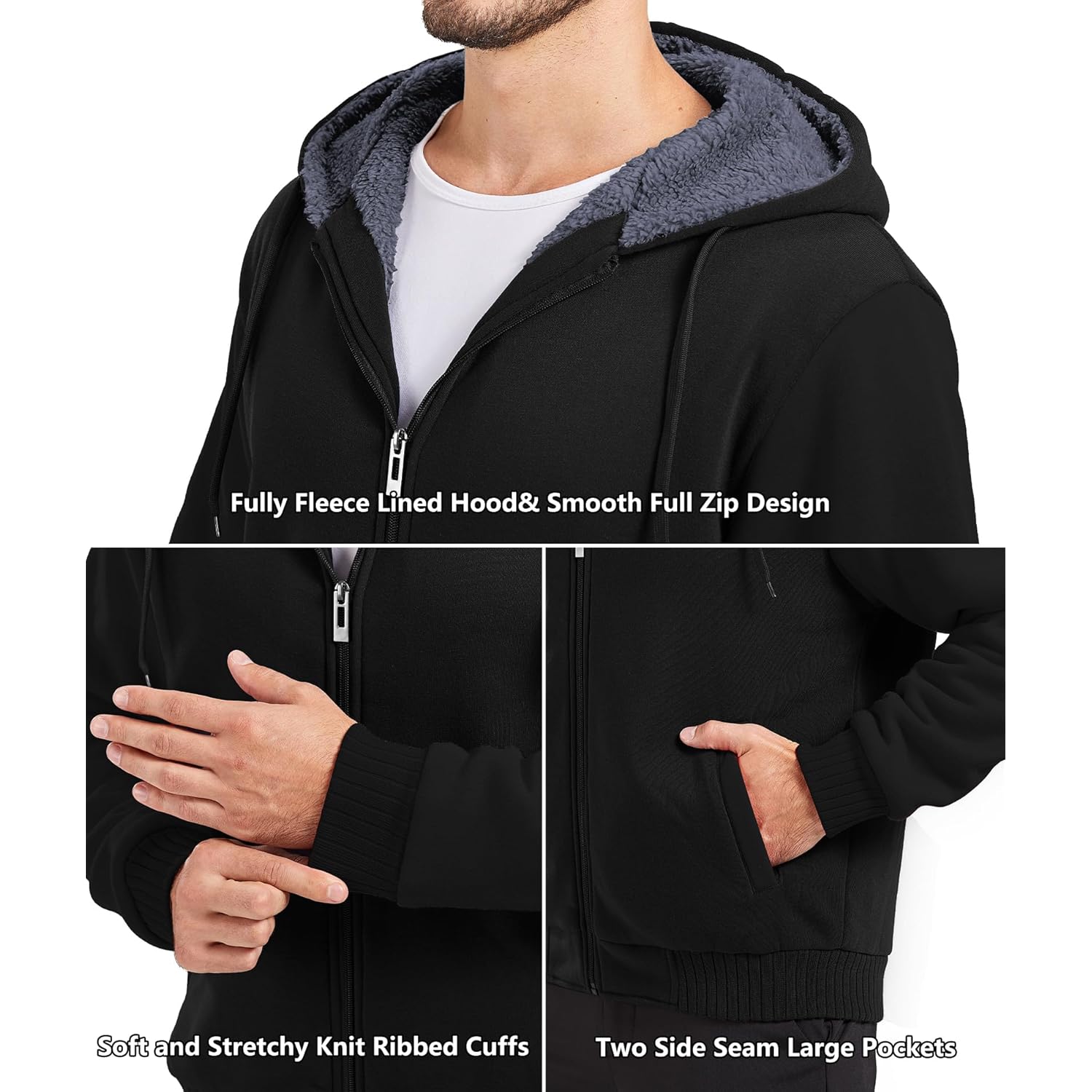GEEK LIGHTING Men’s Fleece-Lined Zip Up Hoodie, Thick Hooded Jacket Winter Warm Athletic Sweatshirt