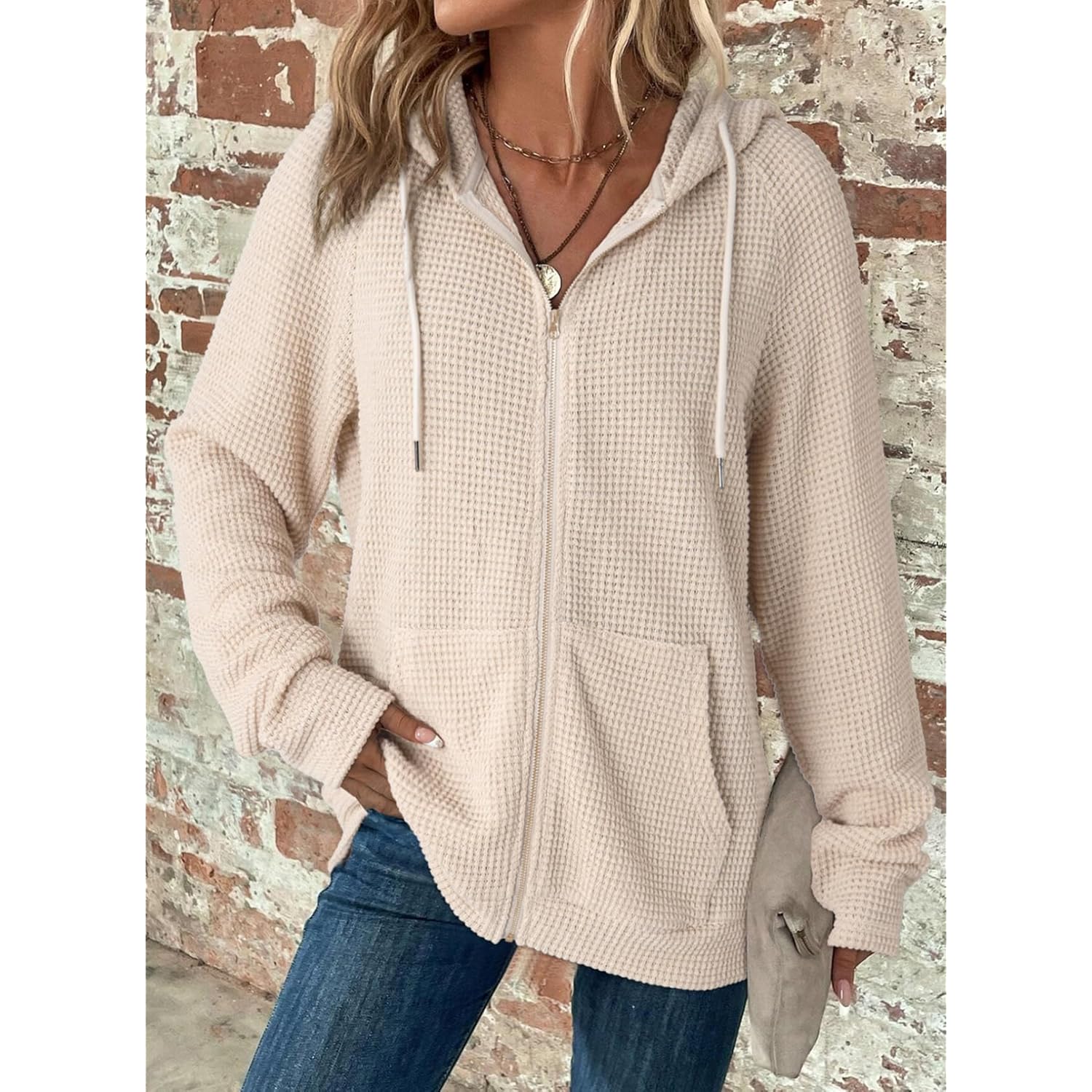 Women’s Waffle Knit Zip-Up Hoodie – Long Sleeve Casual Sweatshirt