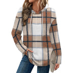 Women’s Plaid Crewneck Hoodie – Casual Long Sleeve Sweatshirt Top