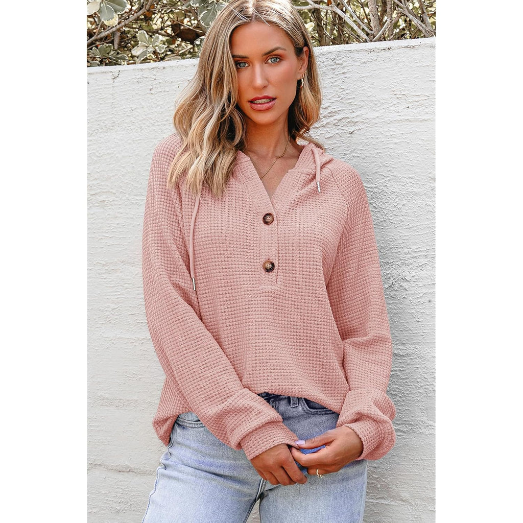 Women’s Waffle-Knit Hoodie — Long Sleeve, V-Neck, Button Front