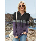 Women’s Color Block Knit Hoodie – Soft Long Sleeve Pullover Top