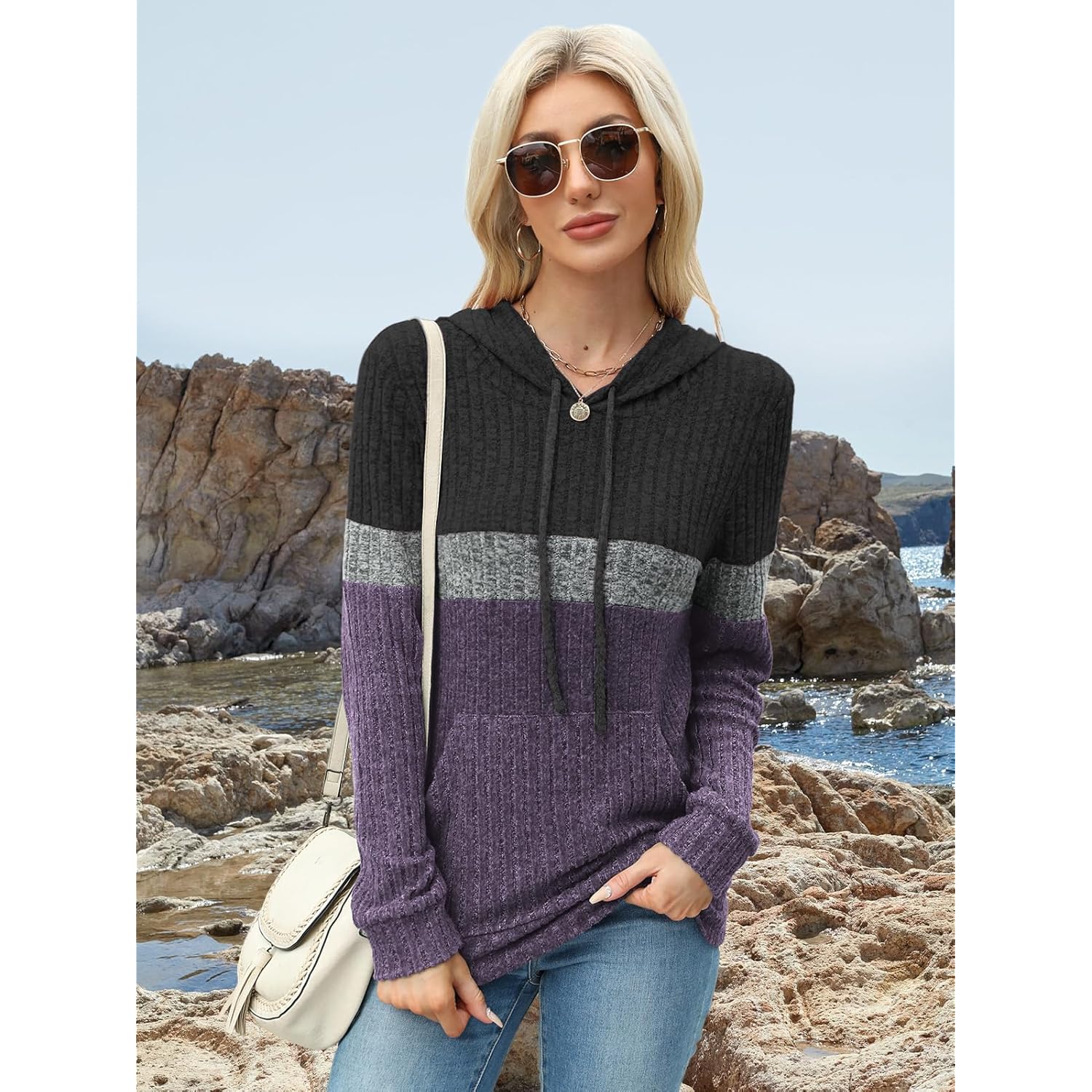 Women’s Color Block Knit Hoodie – Soft Long Sleeve Pullover Top