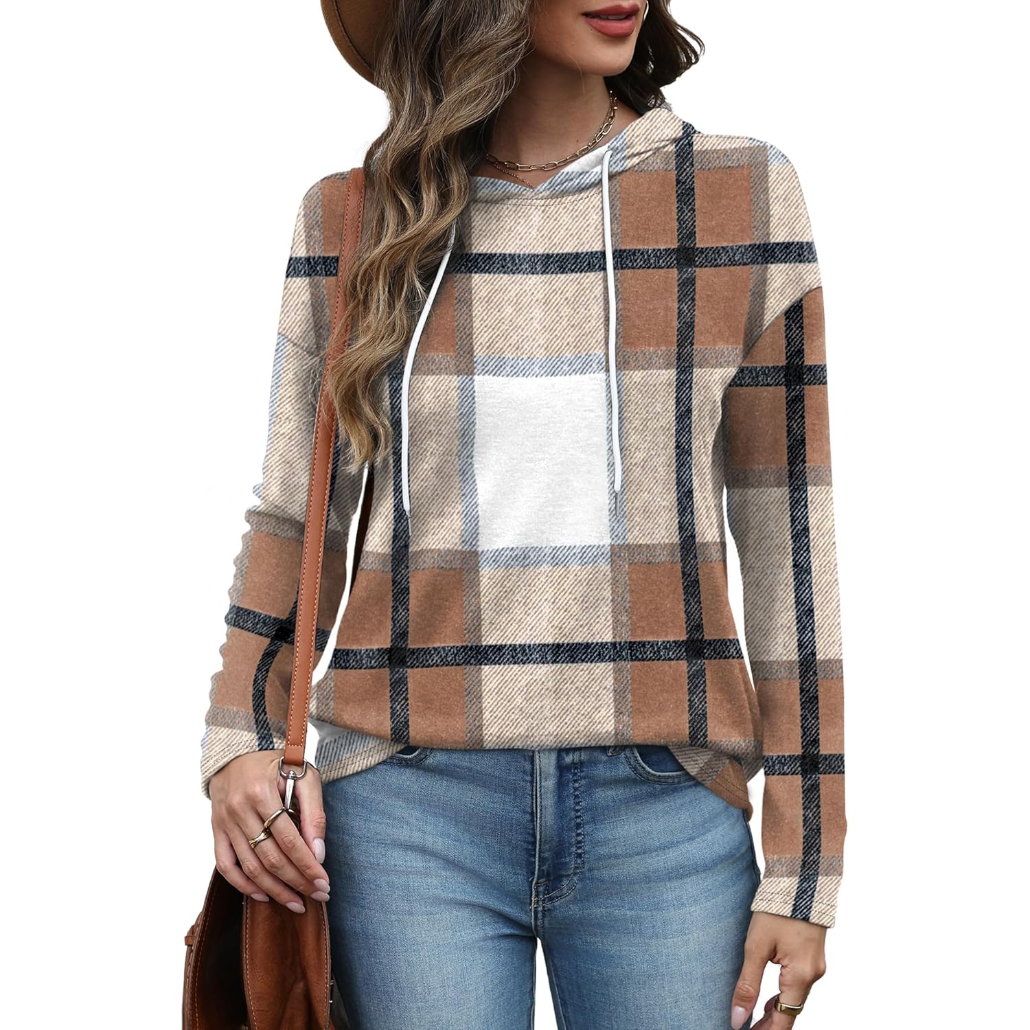 Women’s Plaid Crewneck Hoodie – Casual Long Sleeve Sweatshirt Top