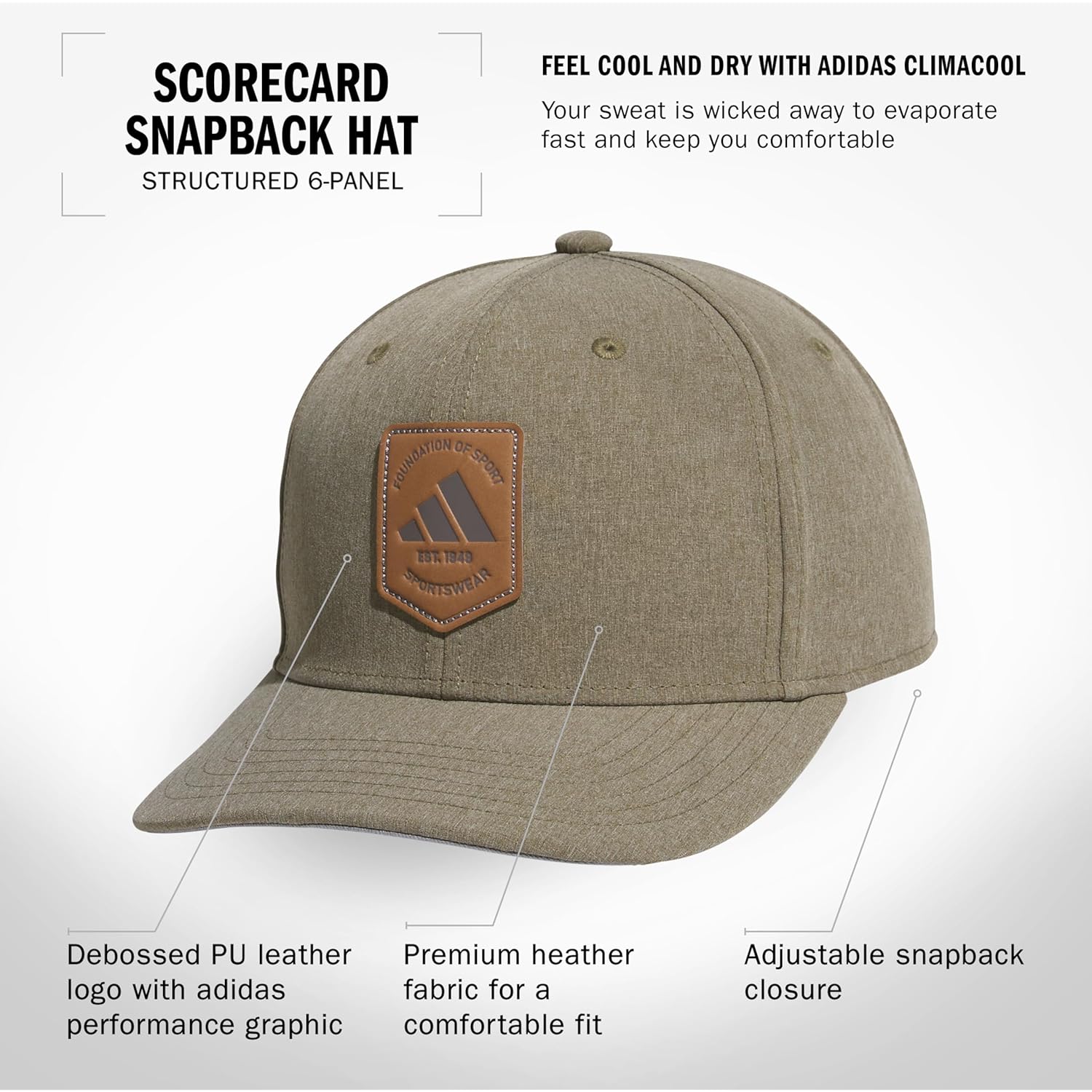 adidas Men's Scorecard High Crown Low Curve Brim Snapback Adjustable Fit Course Style Hat