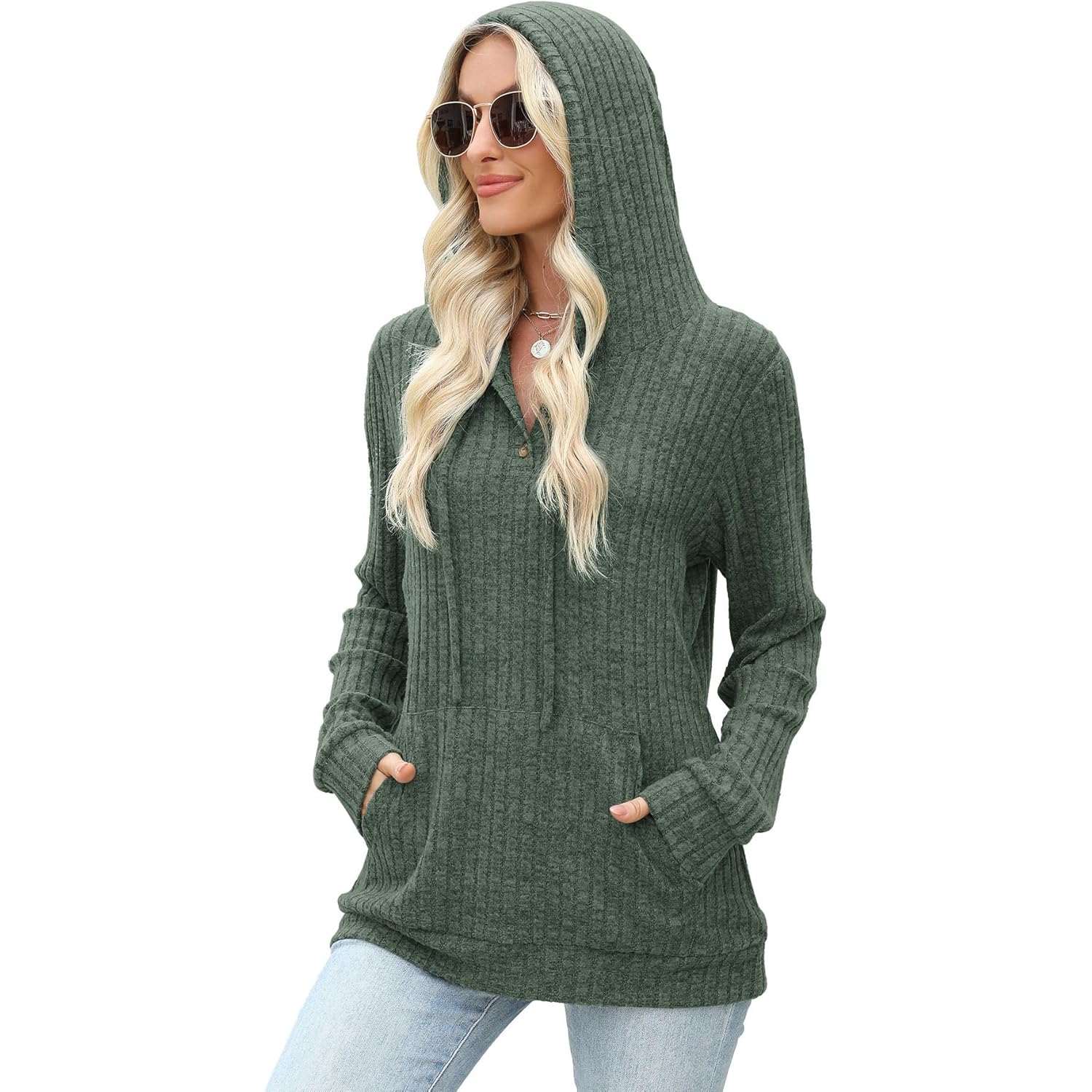 Women’s Button Neck Hoodie – Casual Long Sleeve Tunic Sweatshirt