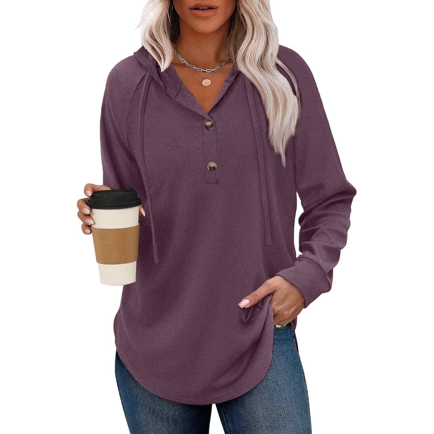 Women’s V-Neck Button Hoodie – Casual Long Sleeve Pullover Top