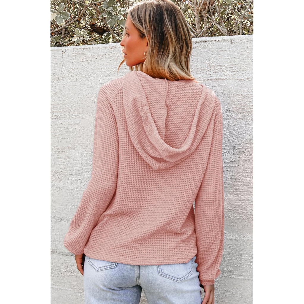 Women’s Waffle-Knit Hoodie — Long Sleeve, V-Neck, Button Front