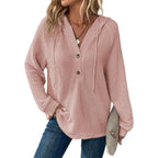 Women’s Waffle-Knit Hoodie — Long Sleeve, V-Neck, Button Front