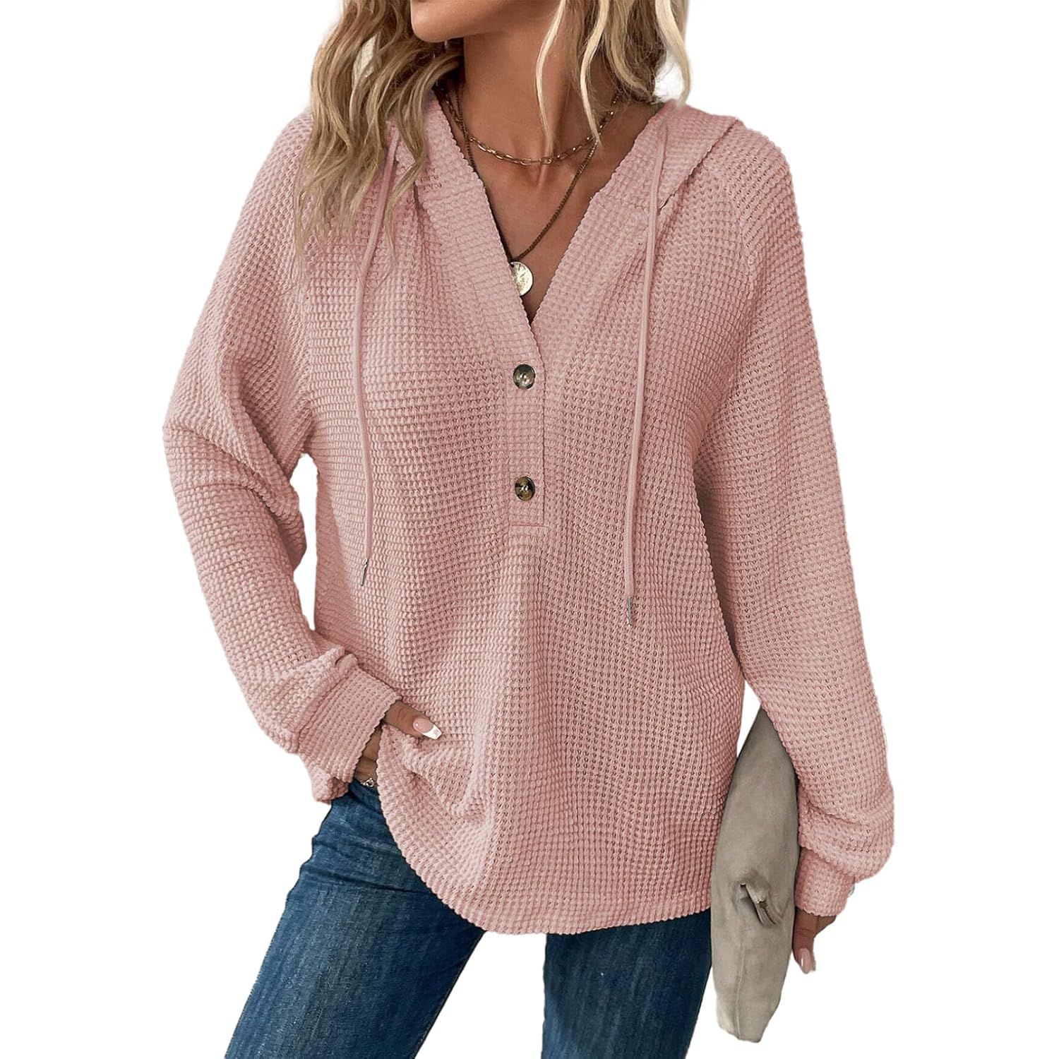Women’s Waffle-Knit Hoodie — Long Sleeve, V-Neck, Button Front