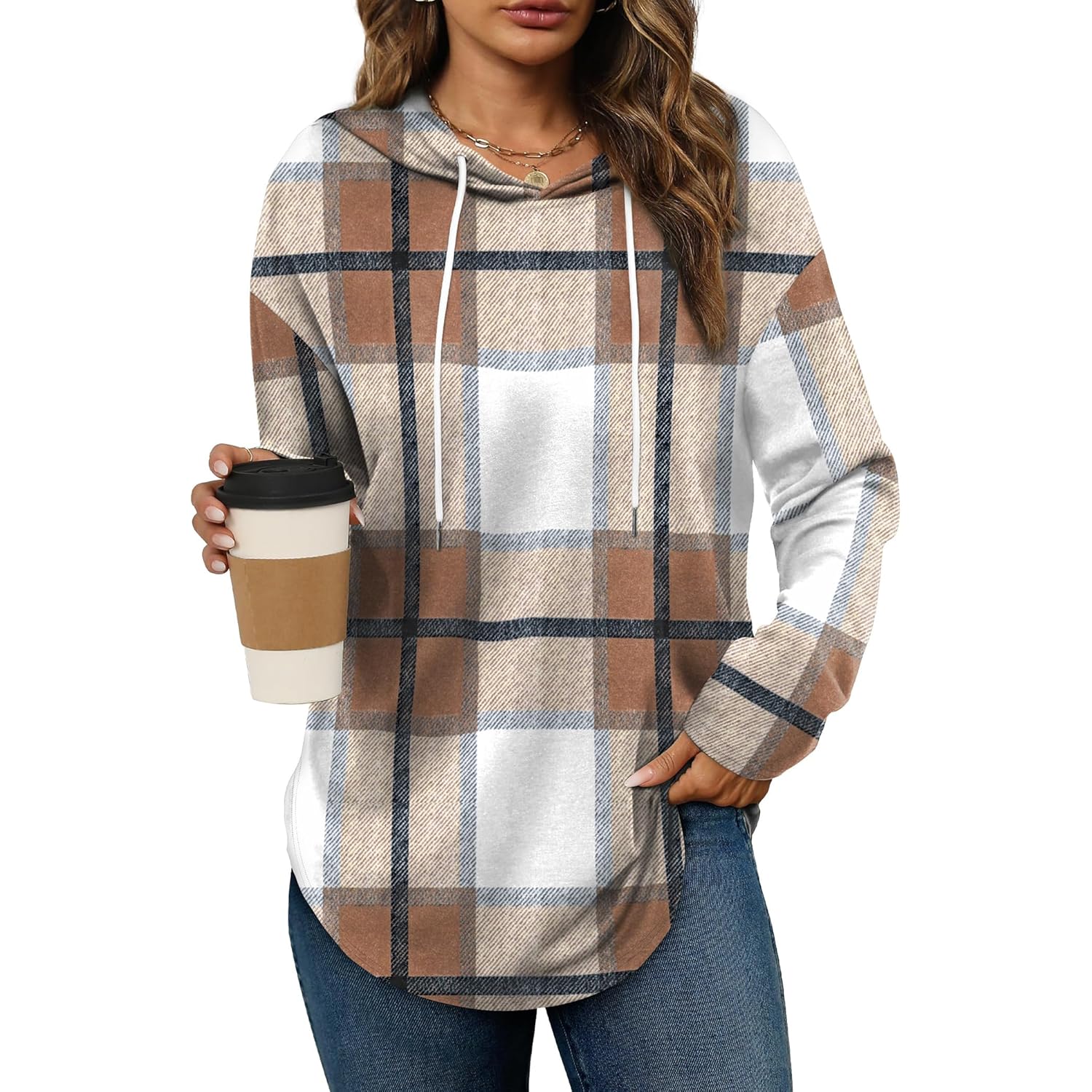 Women’s Plaid Crewneck Hoodie – Casual Long Sleeve Sweatshirt Top