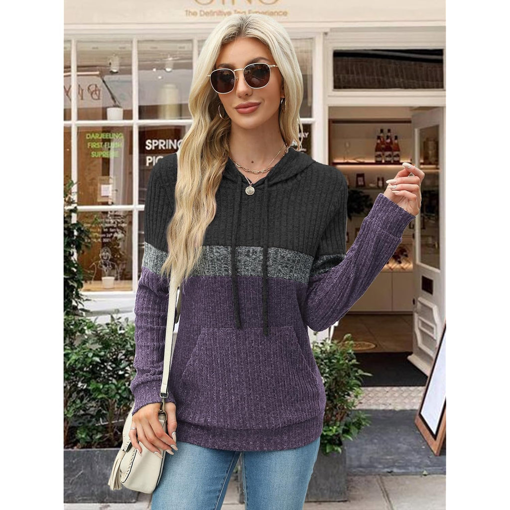 Women’s Color Block Knit Hoodie – Soft Long Sleeve Pullover Top