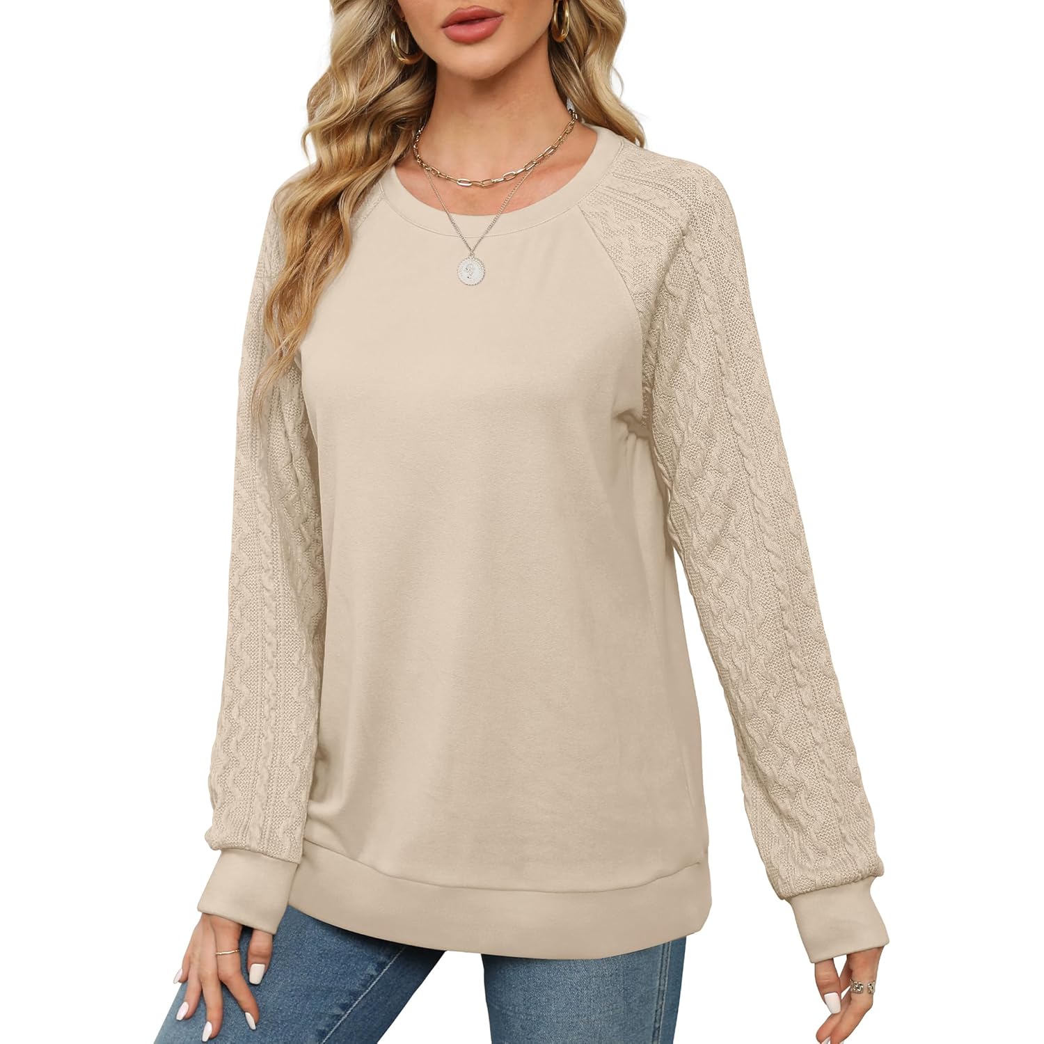 Women’s Crewneck Sweatshirt – Cable Knit Sleeve Pullover