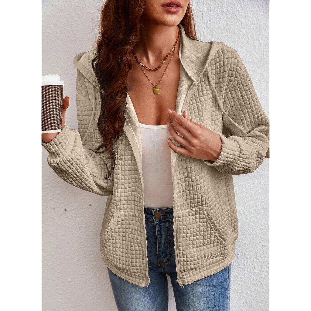 Women’s Oversized Waffle Knit Zip Hoodie – Casual Fall Hooded Jacket