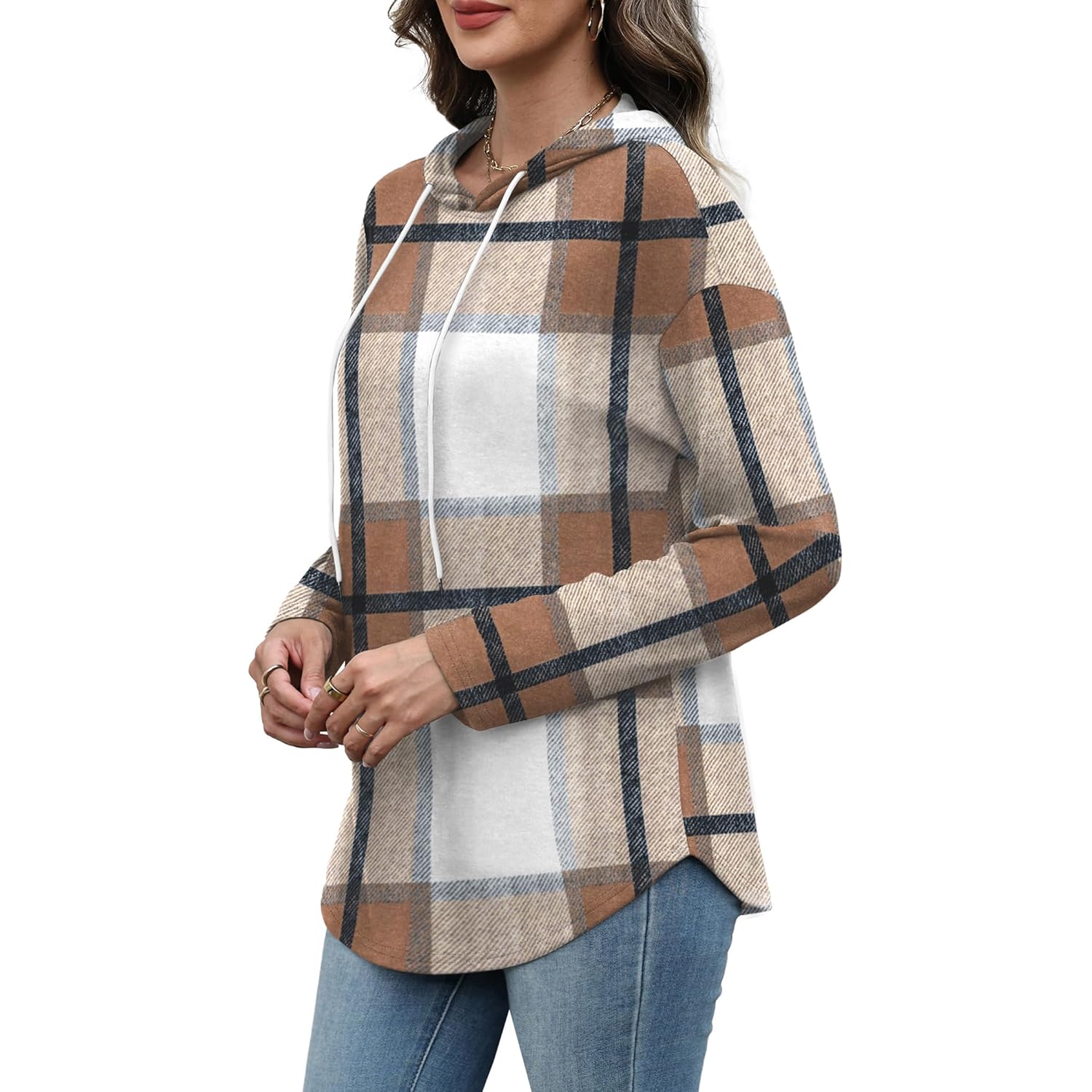 Women’s Plaid Crewneck Hoodie – Casual Long Sleeve Sweatshirt Top