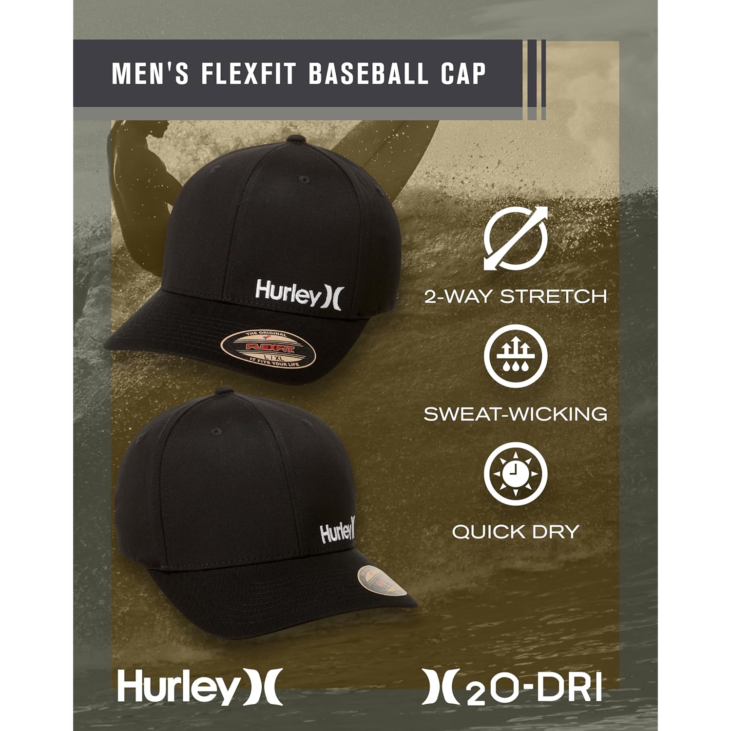 Hurley Men's Baseball Cap - Flexfit Curve Bill Fitted Trucker Hat for Men (S-XL)
