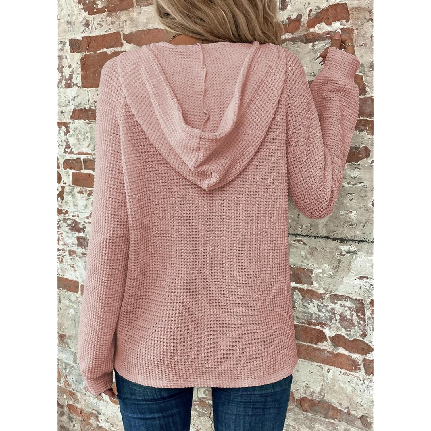 Women’s Waffle-Knit Hoodie — Long Sleeve, V-Neck, Button Front